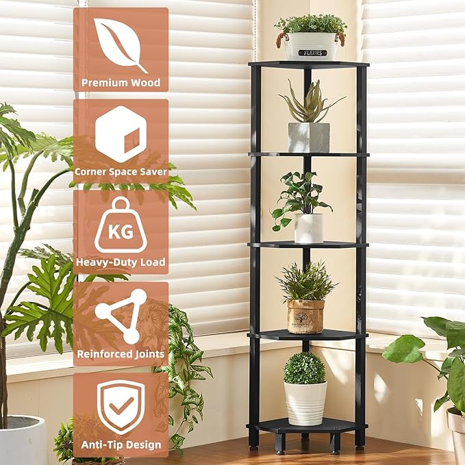 YUFAM 5-Tier Corner Shelf with Sturdy 5-Leg Base, 52in Tall Narrow Bookcase for Small Spaces, Wooden Plant Display Shelf, Thin Bookshelf for Living Room, Bedroom, Office, Black