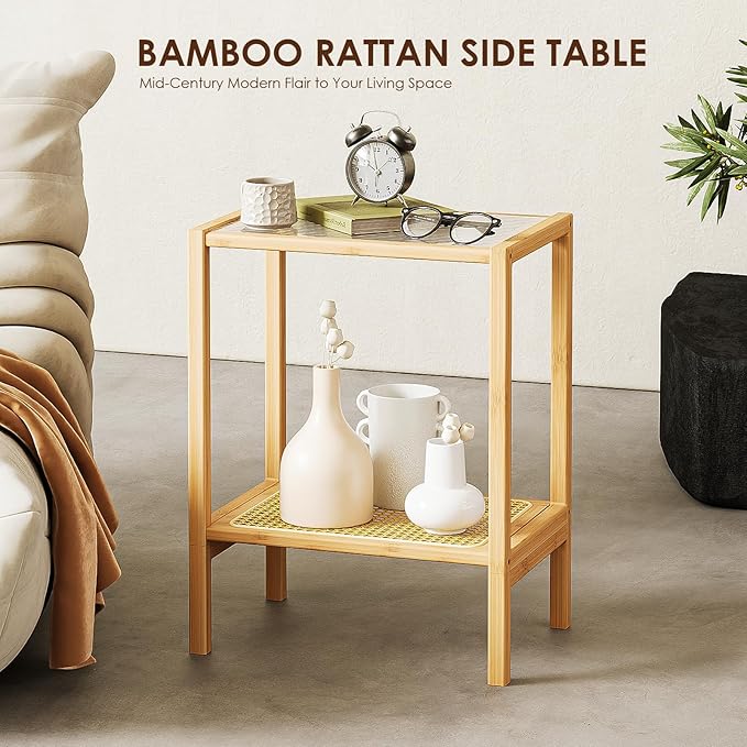 Bamworld Side Table Nature Rattan Night Stand Glass End Table 2-Tier with Storage Boho Bedside Table for Small Spaces Bamboo Coffee Table for Bedroom Living Room