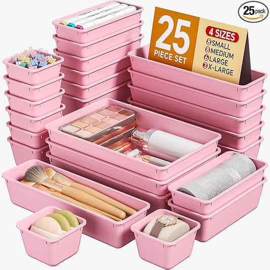 KEMETHY 25 PCS Plastic Drawer Organizers Set, 4 Sizes Vanity Organizer, Makeup and Desk Drawer Organizer Trays, Organization and Storage for Makeup, Bathroom, Kitchen Utensils and Office (Pink)