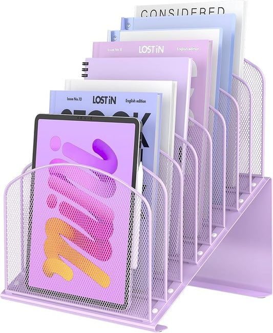 Inclined Desk File Organizer Metal Desk Magazine Folder Holder with 8-Section Vertical Compartments Rack File Organizer for Office, Home, School, Purple