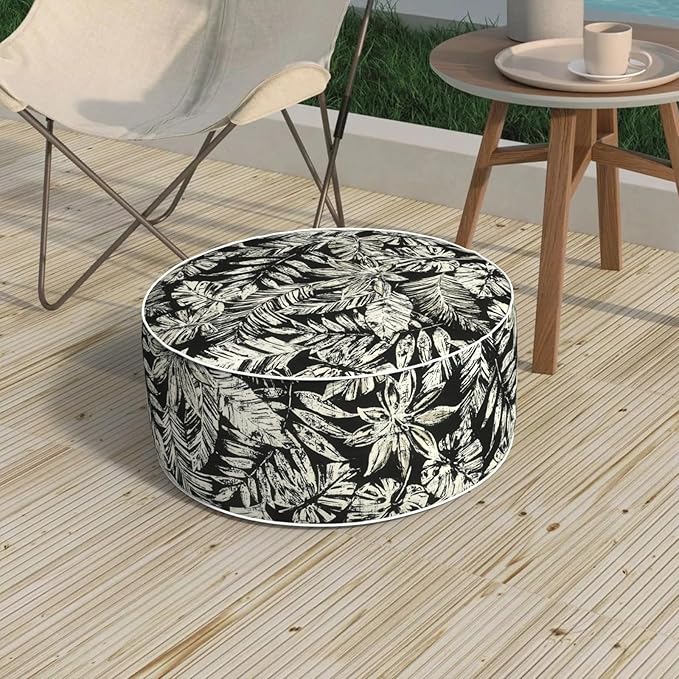 Outdoor Patio Inflatable Ottoman, 21x9 Inch Portable Stool Ottoman with Handle, Round Footrest Stool for Home Garden Camping, Tropical Leaf Black