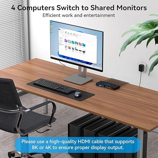 4K120Hz KVM Switch 4 Computers 1 Monitor HDMI 8K KVM Switches 4 Port Share Single Monitor and 4 USB 3.0 Devices Such as Mouse, Keyboard, Printer, Comes with EDID Function and a Controller