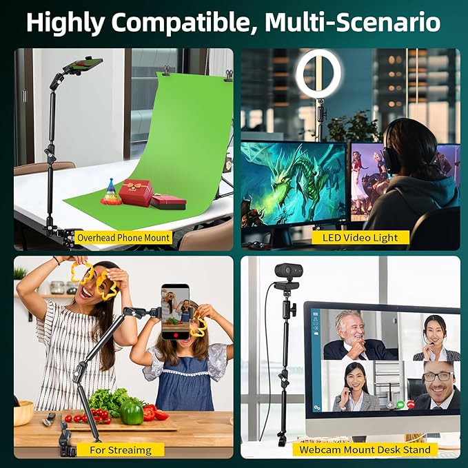 22" Magic Arm Clamp, Overhead Phone Mount Holder Stand, Flexible Desk Camera Mount, Articulating Friction Boom Arm with 1/4" 3/8" Threads for Phone, DSLR, Action Camera,Filming, Light, Webcam, Mic