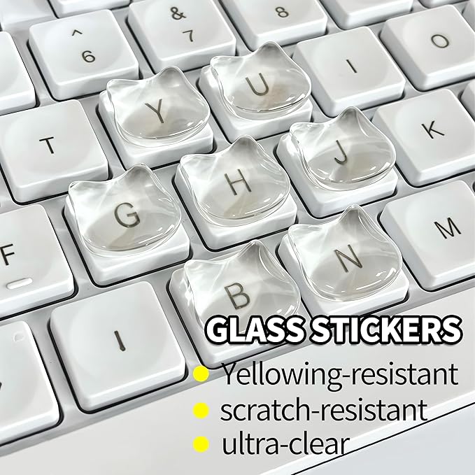 Transparent Glass Long Nail Keyboard Caps – 80 Raised Cat Head Keyboard Stickers, Nail-Safe Typing Bubbles, Clear PC/Laptop/Desktop/Calculator Key Covers