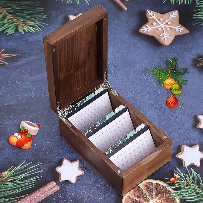 MaxGear Business Card Holder for Desk, 2.2" x 3.5" Walnut Wood Business Card Organizer, Index Cards Box Holds 300 Cards, 3 Divider Boards, Includes A-Z Tabs, Desktop Organizers for Office & Home