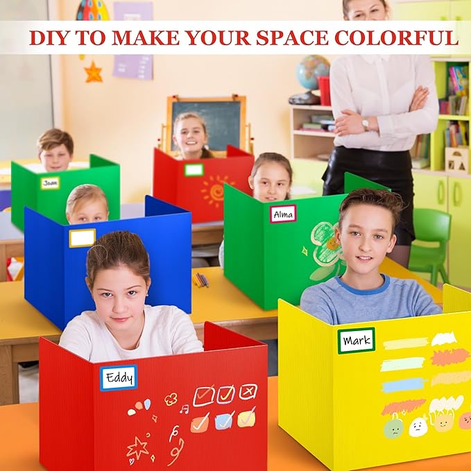12 Pack Desk Divider for Students Assorted Colors Classroom Privacy Boards with Name Labels Easy to Clean Plastic Guard Shields for School Desks