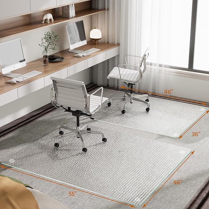 GLSLAND 46"x55" Tempered Glass Chair Mat – Checkered Patterned Heavy Duty Floor Mats Protector for Hardwood Floors & Carpet, Decorative Home and Office Desk