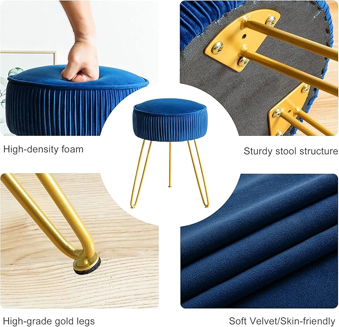 LUE BONA Pleated Vanity Stool, Velvet Upholstered Vanity Stool for Makeup Room, Ottoman Footrest with Metal Legs for Living Room, Bedroom, RoyalBlue