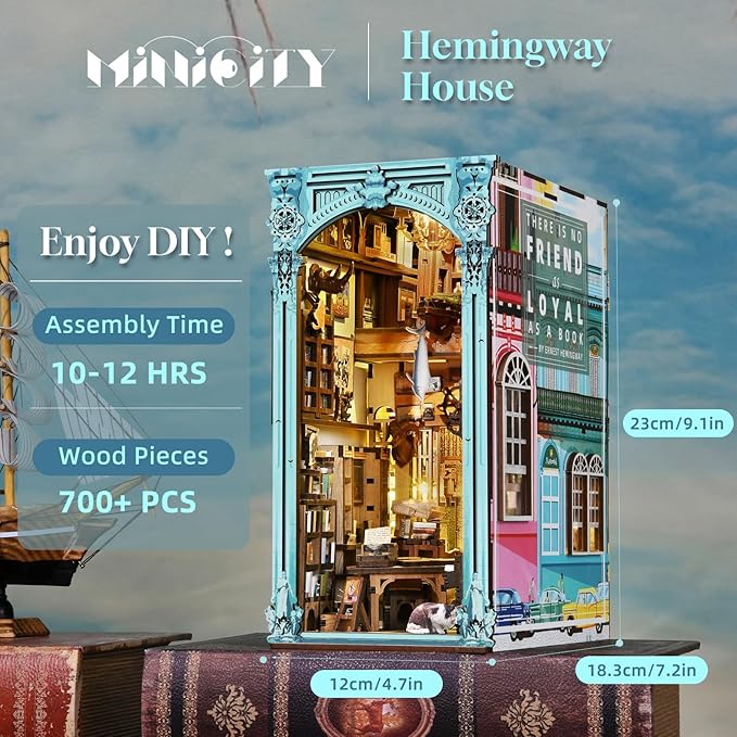 MiniCity Book Nook Kit, DIY Dollhouse Booknook, Book Nook Miniature Kit for Bookshelf Insert Decor Crafts for Adults Teen Halloween, 3D Wooden Puzzle with Led Light (Hemingway House)