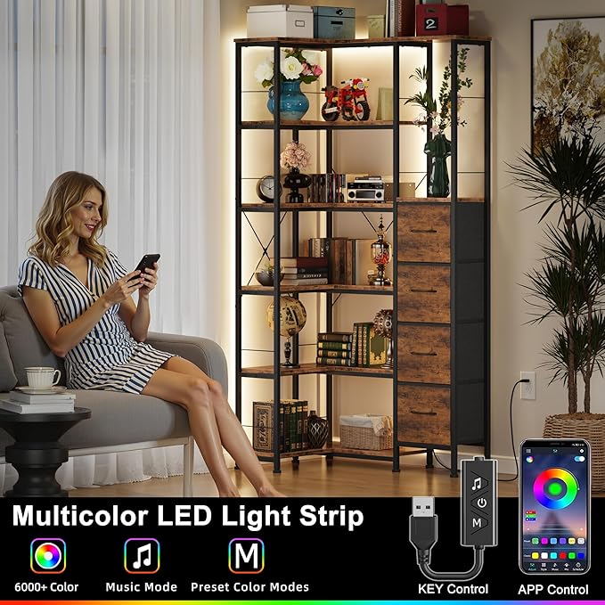AFLUI Corner Bookshelf with LED Light Strips & 4 Fabric Drawers, 6-Tier Convertible Corner Shelf with Display Shelf, Large Wood Industrial Bookcase for Living Room, Bedroom, Home Office, Rustic Brown