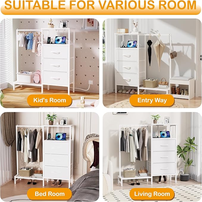 Dresser for Bedroom with Hanging Rack, 3 Drawers Closet with Charging Station, Fabric Chest of Drawers with Clothes Rack, Storage Organzier for Hallway Entryway, White