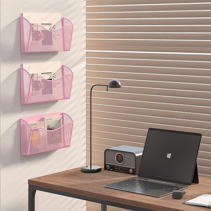 EasyPAG Wall File Organizer, Metal Mesh Hanging File Folder Holder for Letter/A4 Size Folders, Vertical Wall Mount Mail Sorter for Office Paperwork, Classroom, Pink
