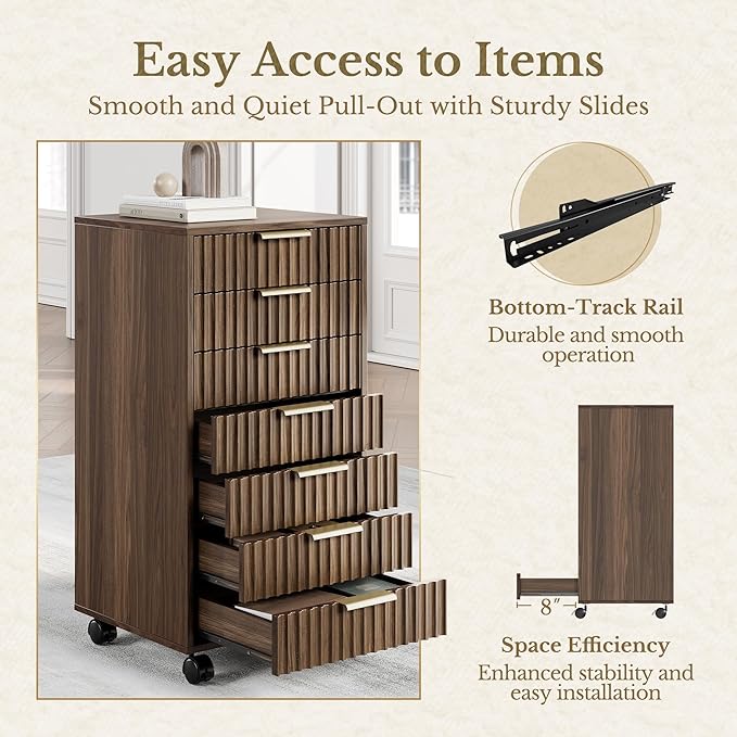7 Drawer File Cabinet, Wooden Office Cabinet with Drawers, Fluted Storage Filing Drawer for Home Office,Black Walnut