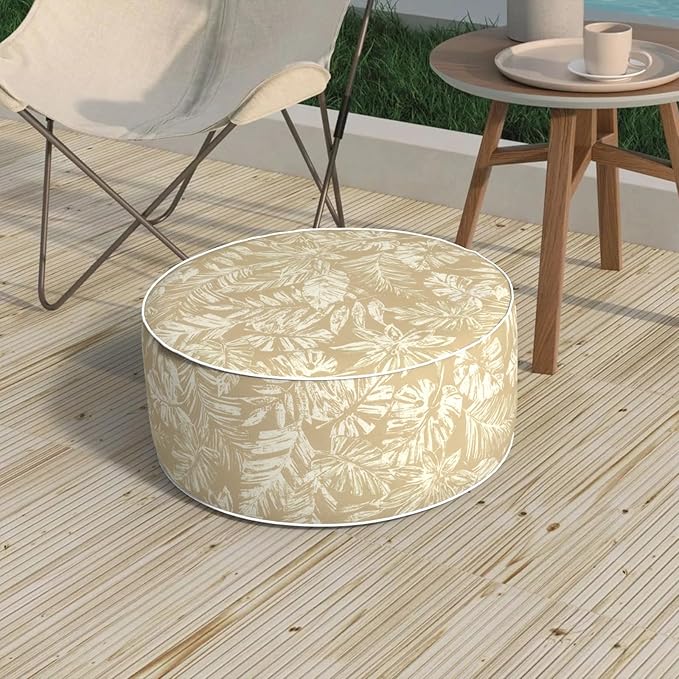 Outdoor Patio Inflatable Ottoman, 21x9 Inch Portable Stool Ottoman with Handle, Round Footrest Stool for Home Garden Camping, Tropical Leaf Oat