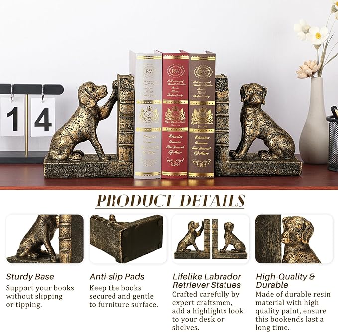 Tatuo 2 Pcs Decorative Dog Bookends for Shelves, Vintage Old-Money Book Ends for Heavy Books Labrador Dog Animal Stopper Retriever Statues with Anti-Slip Base for Book Lover Home Office Bookshelf