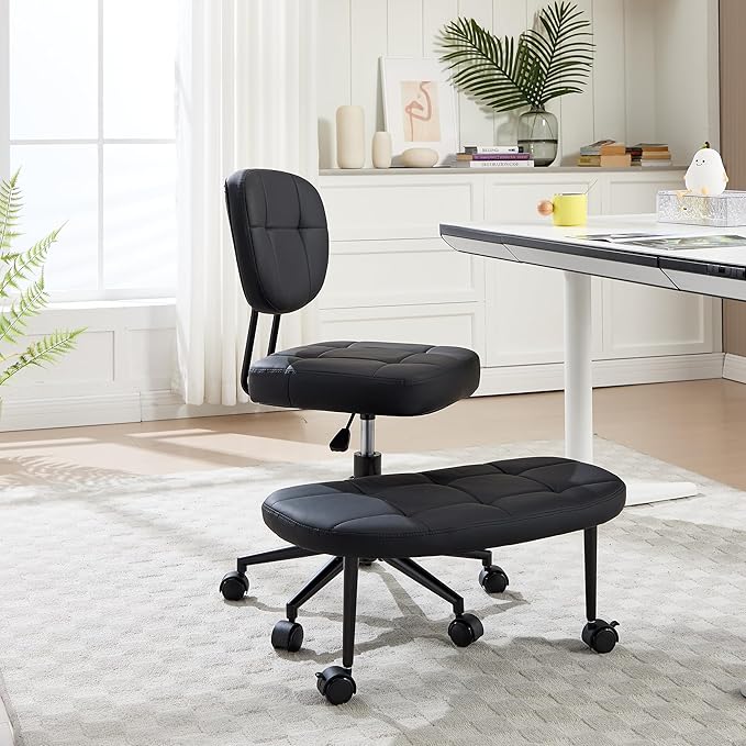 Criss Cross Chair Armless Office Chair for Cross Legged Sitting, 300lb Heavy Duty Ergonomic Desk Chair for ADHD, Adjustable Meditation Yoga Kneeling Chair with Brake Wheels for Home Office (Black)