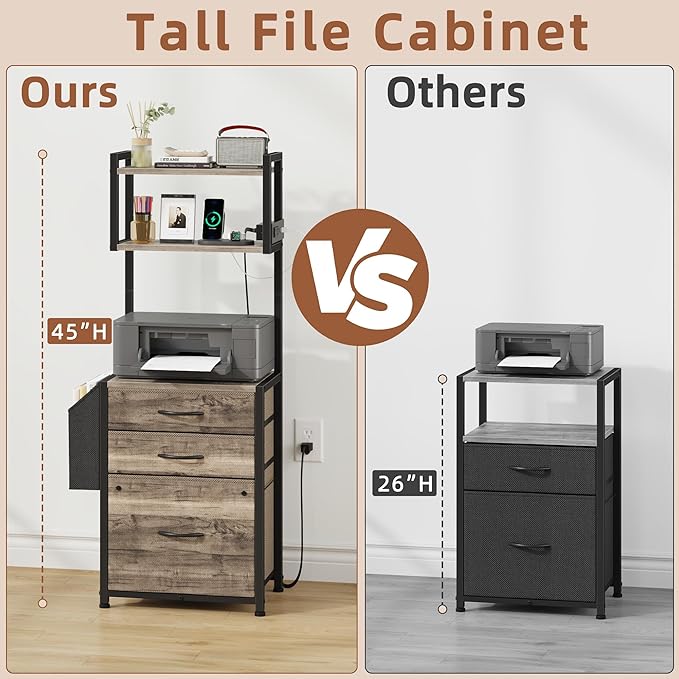 HIGDBFE 3 Drawer File Cabinet with Charging Station, 45''H, 3-Tier Small Filing Cabinet for Home Office, 11''*16'' for Small Printer, Fabric Drawer Fits Letter/A4, Tall Printer Stand, Grey