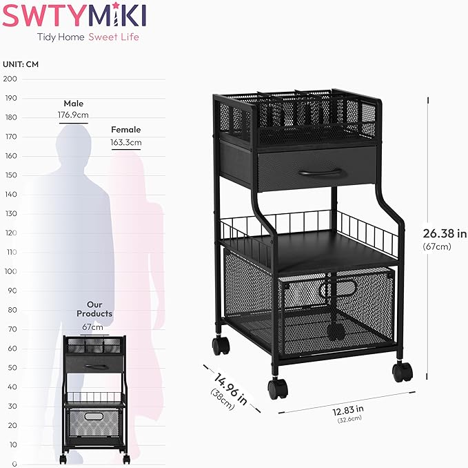 SWTYMIKI Rolling Under Desk Storage - Storage Cart with Drawers & DIY Divider - Art Cart Organizer on Wheels - Craft Rolling Utility Cart for Office, Craft Room & Studio Black