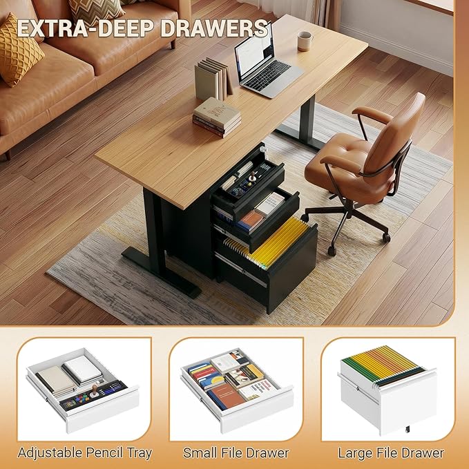 3 Drawer Metal File Cabinet with Lock and Wheels, Mobile Under Desk Filing Cabinet for Home Office, Lockable Organizer for Letter/Legal/A4, Rolling Storage Cabinet for Office & Study, Black