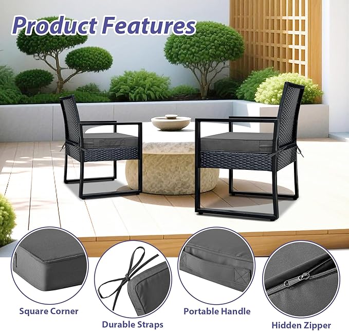 IPYNBAP Outdoor Chair Cushions Set of 4 -Waterproof Outdoor Seat Cushions for Patio Furniture, Patio Chair Cushion with Handle and Ties, Out Door Chair Pads,18.5x16x3-Square, Darkgrey