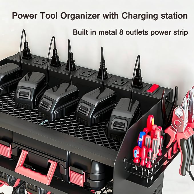 AZERPIAN Power Tool Organizer Wall Mount with Charging Station 3 Layer Heavy Duty Metal Tool Storage Rack with 4 Cordless Drill Holder Utility Rack with 8 Power Strip,Black