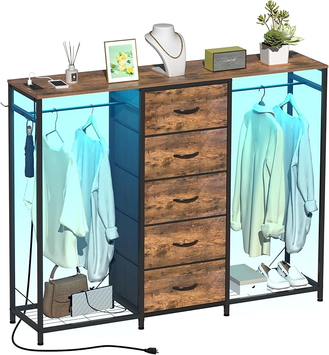 Espelism Dresser for Bedroom with Clothes Rack 5 Drawer Dresser with Charging Station LED Lights White Chest of Drawers Flexible Shelf and Open Storage Space for Bedroom Living Room (Brown)