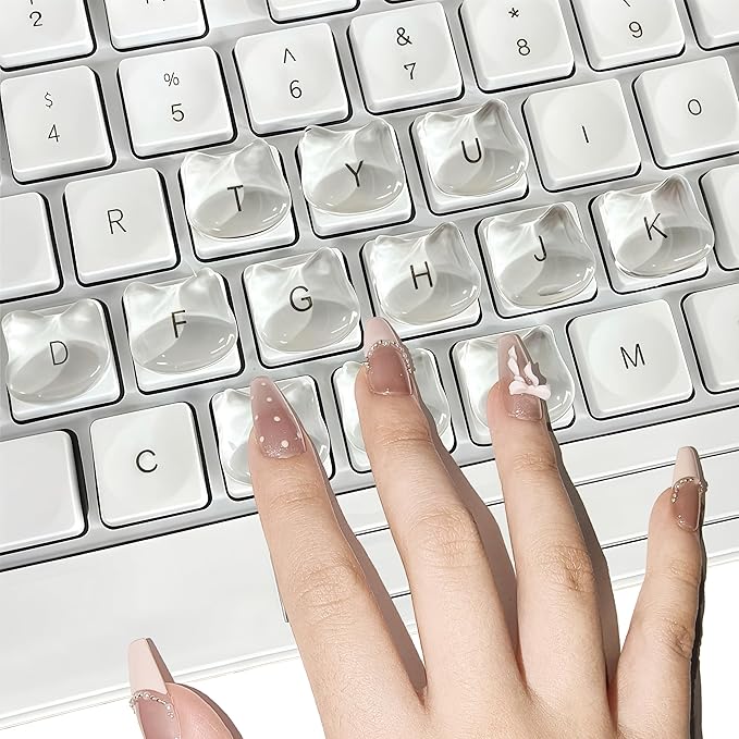 Transparent Glass Long Nail Keyboard Caps – 80 Raised Cat Head Keyboard Stickers, Nail-Safe Typing Bubbles, Clear PC/Laptop/Desktop/Calculator Key Covers