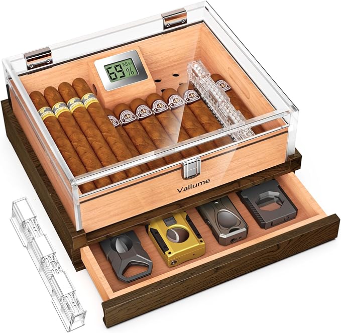 VALLUME Cigar Humidor, Acrylic Humidor with Wooden Drawer Base, Compact Desktop Humidor, Features Gel-Controlled Sliding Cigar Humidifier, Cedar Wood Tray, Ideal Gift for Men (Small size)