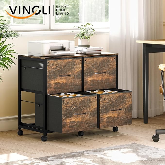 VINGLI 4 Drawer Mobile File Cabinet with Wheels Filing Cabinet Under Desk File Cabinet, Fabric Drawers Printer Stand for Home Office, Fits Letter Size, Rustic Brown