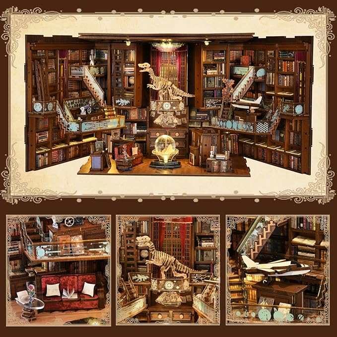MiniCity Book Nook Kit, DIY Miniature Dollhouse Booknook Kit, 3D Wooden Puzzle Bookend Bookshelf Insert Decor with LED Light for Teens and Adults (Beyond Library Max)