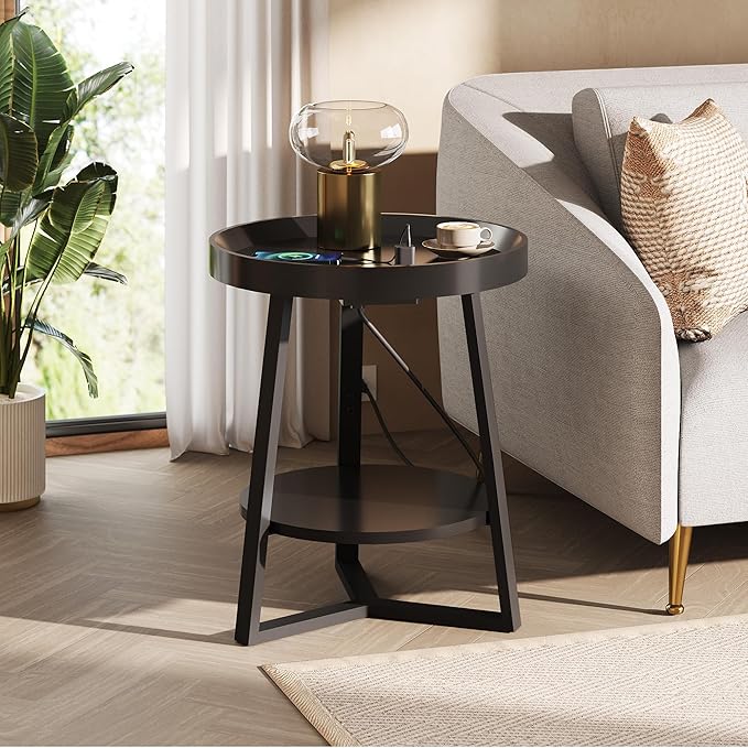 WLIVE Small Round Side Table with Charging Station, Round Coffee Table, 2 Tier End Table for Living Room/Bedroom, Sofa Couch, Easy to Assemble, Wood Tabletop & Metal Frame, Black