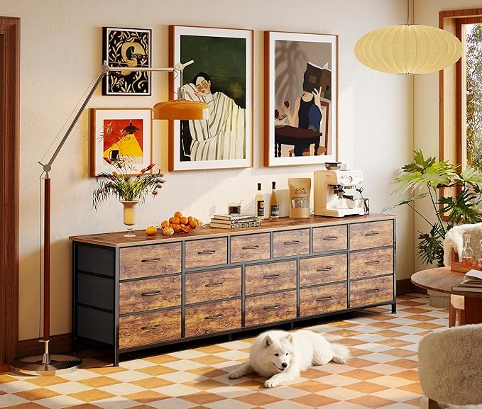 Huuger 77.6" Long Dresser for Bedroom, 16 Drawer Fabric Dresser for Closet, Wide Chest of Drawers with Storage, TV Stand for 65, 75, 85 Inch TV, 77.6" W x 12.9" D x 26.7" H, Rustic Brown