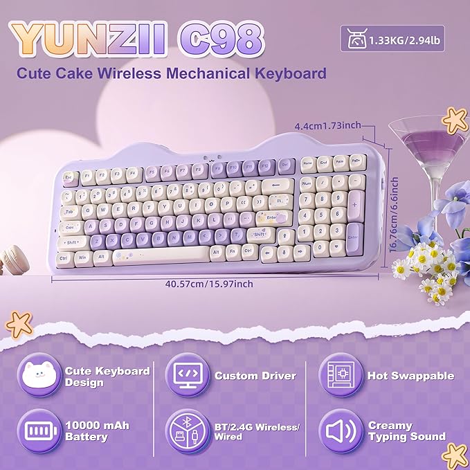 YUNZII C98 Wireless Mechanical Keyboard with Number Pad,99 Key BT5.0/2.4G/USB-C Hot Swap Gasket Mount with PBT MOA Keycaps,Custom RGB,Cute Cake Keyboard for Win/Mac (Purple, Candy Linear Switch)
