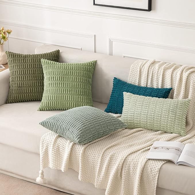 MIULEE Pack of 2 Spring Corduroy Decorative Throw Pillow Covers 18x18 Inch Soft Boho Striped Pillow Covers Modern Farmhouse Home Decor for Summer Sofa Living Room Couch Bed Greyish Green