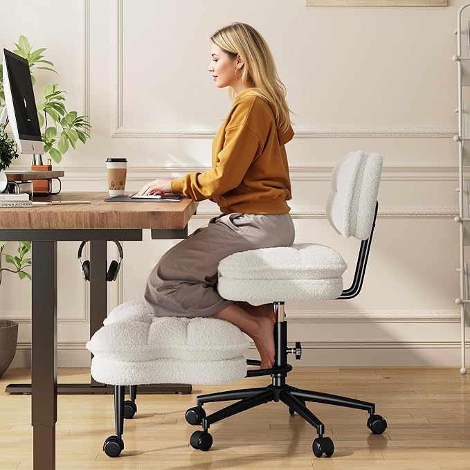 DurayLoly Ergonomic Office Chair, 360° Swivel Meditation Chair with Wheels, Height Adjustable Office Chair with Foot Rest for ADHD, Thicken Cushion & Backrest, Teddy Fabric, Off-White