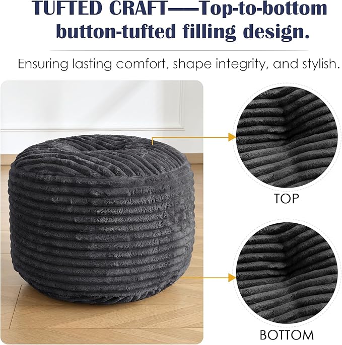 SHOUREN Stuffed Round Pouf Ottoman,Corduroy Foot Rest with Shredded Foam Filling, Lightweight and Fluffy Pouf Storage Ottoman for Living Room,Floor Poufs for Couch,20"x15", Dark Grey