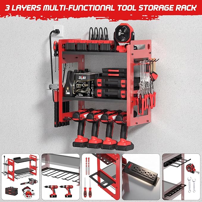 TOPRINCE Power Tool Organizer Wall Mount with Charging Station, 3-Tier Heavy Duty Metal Tool Rack with 4 Drill Holders and 6FT Power Strip, Garage Workshop Storage.Red