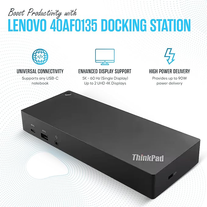 40AF0135US Lenovo Docking Station Dual Monitor Hybrid USB-C with USB-A - Thinkpad Dock with 135W Adap TER, HDMI, DisplayPort, USB C Cable & Cleaning Cloth - Thinkpad Docking Station (NEW)
