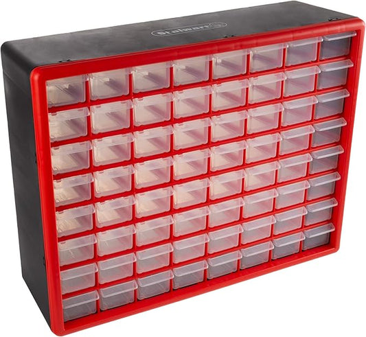 64-Drawer Storage Organizer - Plastic Drawers for Organization - Desktop or Wall-Mounted Container for Hardware, Tools, and Beads by Stalwart (Red)