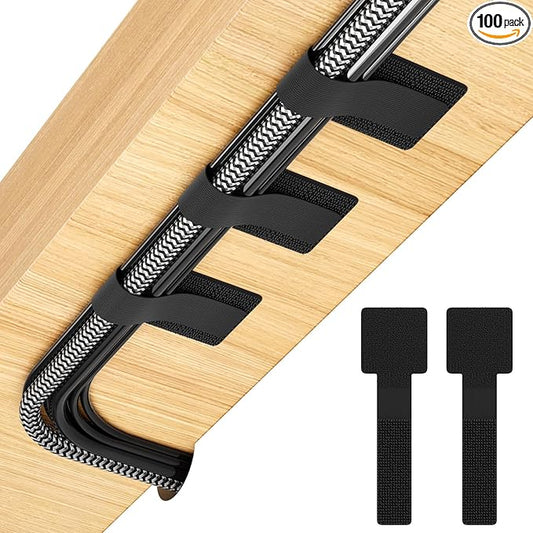 100Pcs Cable Straps Hook and Loop Cable Ties - Cable Holder for Desk Cable Management Under Desk - Computer Cord Organizer for Home Office Gaming Setup - Black