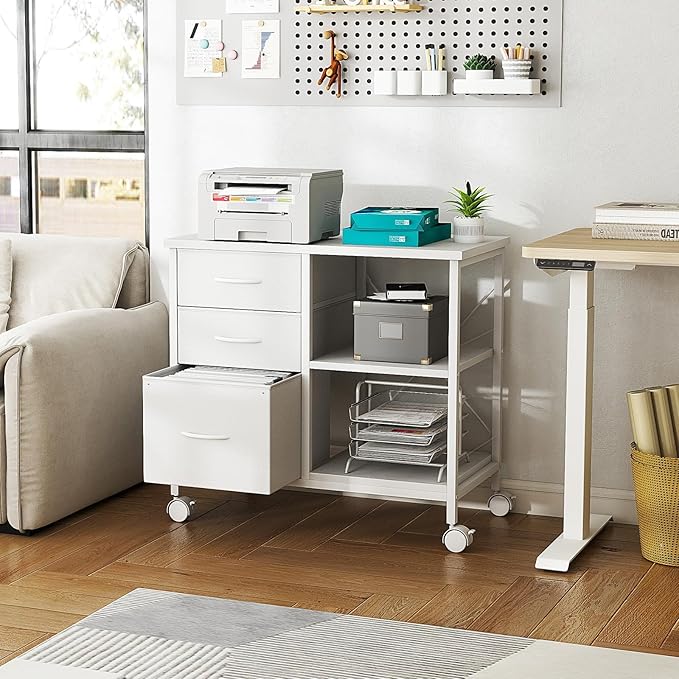 DUMOS File Cabinet, Mobile Storage Cabinet with 3 Drawers and Back Support Bar, Spacious Printer Stand with Storage Supporting 198 lbs for Home Office, White
