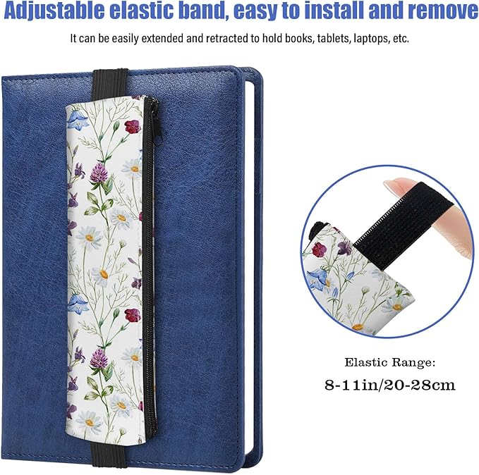 4 Pack Elastic Pen Holder for Notebook, Prints Pen Pouch with Elastic Band and Zipper, Leather Pen Holder for Planners, Journals, Book