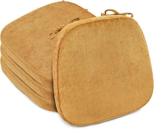 2.5" Thick Chair Cushions for Dining Chair, Corduroy Foam Kitchen Chair Pads, U Shaped Indoor Seat Cushions with Ties & Non-Slip Backing, Removable Washable Cover, 17''x16.5'', Set of 4, Yellow