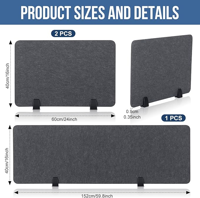 Yaomiao 3 Pcs Acoustic Desk Divider Soundproof Desk Privacy Panel Freestanding Desk Partitions Sound Absorbing for Students Office Reduce Noise Visual Distractions (Dark Gray,60 x 16", 24 x 16")