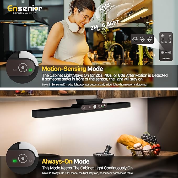 Rechargeable Motion Sensor Light Bar, 2000mAh Dimmable Under Cabinet Lighting Wireless with Digital Battery Display, 130° Rotatable Magnetic Closet Lights, Remote Control Stick on Lights Dorm