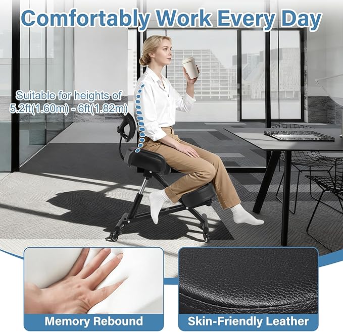 Ergonomic Kneeling Chair with Back Support, Height Adjustable Stool for Home and Office, PU Kneeling Chair for Desk to Relieve Back Discomfort, Thick Moulded Foam Cushions Brake Casters