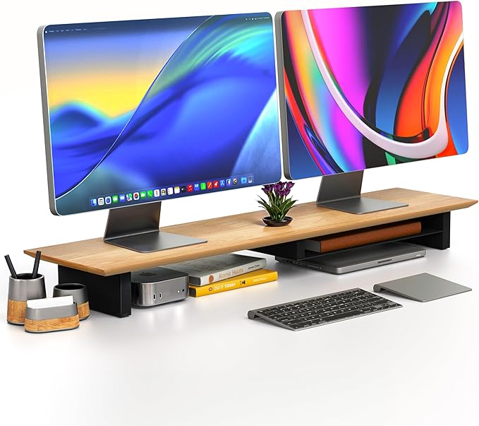 COREMINDED Solid Wood Dual Monitor Stand Riser – 43" Oak Desk Shelf for 2 Monitors with Tray & Wool Felt, Organizer for Desktop, Laptop and Office (Solid Oak)