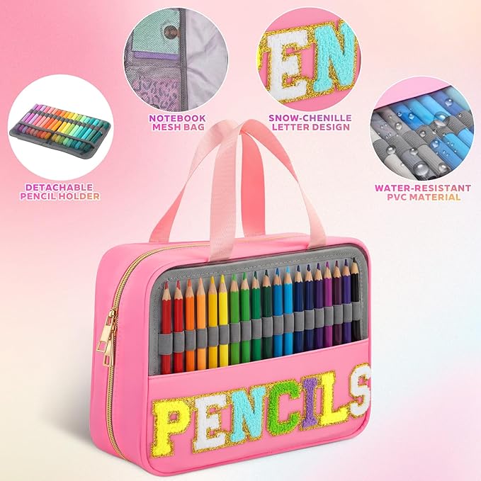 Hillban 108 Slots Large Colored Pencil Case with Chenille Letter Patch Extra Large Capacity Interlayer Pencil Holder Organizer with Handle Zipper Portable Storage Bag Graduation Gift for Artist(Pink)