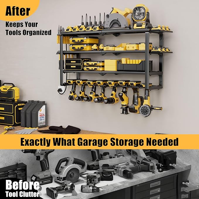 Spampur 420LB Capacity Power Tool Organizer with Charging Station & 6 Outlets | Quick Assembly 4-Layer Heavy Duty Rack for Drills & Batteries | Ultimate Garage Storage & Christmas Gift for Men
