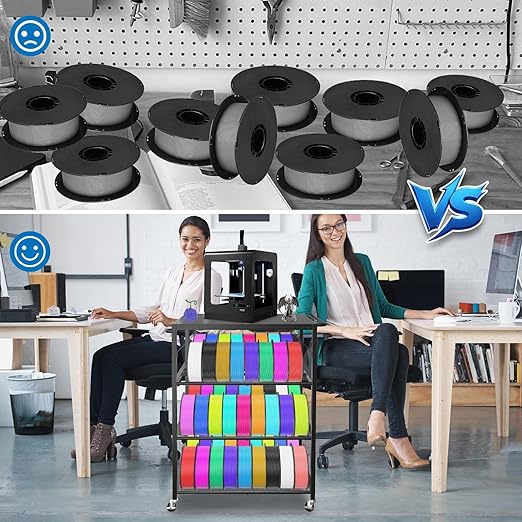 3D Printer Stand with Filament Storage Rack - 3D Printer Table Rolling Printer Cart on Wheels, Heavy Duty Metal Filament Spool Holder Organizer, 3D Printing Workstation for 48 Filament Spools (Black)